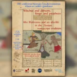 A wide 16:9 presentation image showing a vertically oriented academic conference poster centered on the canvas. The poster appears sharp and slightly elevated with a soft shadow, while the empty space on the left and right is filled by an enlarged, heavily Gaussian-blurred version of the same poster, creating a color-matched blurred pillarbox effect in warm beige, muted green, red, and blue tones. The central poster has an aged parchment look and features French and English text for the twelfth biennial Ehsan and Latifeh Yarshater conference on Iranian studies. Its main title reads “Witches and demons, kings and prophets: The Shāhnāma and its afterlife in the Persian manuscript tradition.” In the middle is a Persian miniature-style illustration of an armored figure confronting a demon-like creature beside a tree. Additional event details appear in blue text along the left side, and several institutional logos line the bottom edge. Overall, the image is designed as a polished widescreen layout that preserves the original poster in the center while extending it visually with a soft, harmonious blurred background.