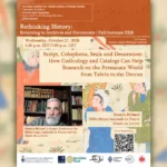 Wide 16:9 academic event poster with softly blurred, color-matched side panels featuring enlarged Persian miniature artwork. The central poster announces an online lecture by Francis Richard titled “Script, Colophons, Seals and Decoration: How Codicology and Catalogs Can Help Research on the Persianate World from Tabriz to the Deccan,” scheduled for Wednesday, October 21, 2026, at 1:00 p.m. EDT. The design features warm terracotta and cream tones, historical Persian manuscript illustrations, floral motifs, a photograph labeled Francis Richard in front of bookshelves, his affiliations with the Bibliothèque nationale de France and Musée du Louvre, a Zoom registration QR code, and the logos of participating academic institutions. The lecture is part of the Rethinking History: Returning to Archives and Documents series, Fall/Autumn 2026.